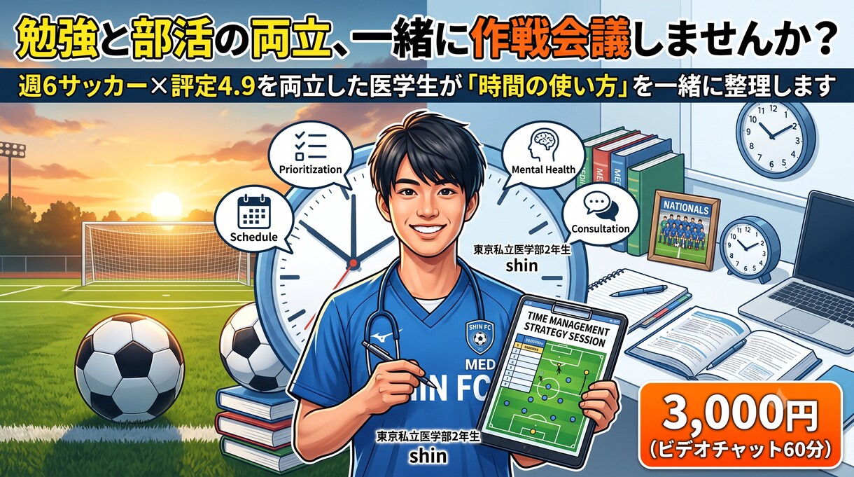 勉強と部活の両立、一緒に作戦会議します 週6サッカー×評定4.9両立した医学生が一緒に整理します イメージ1