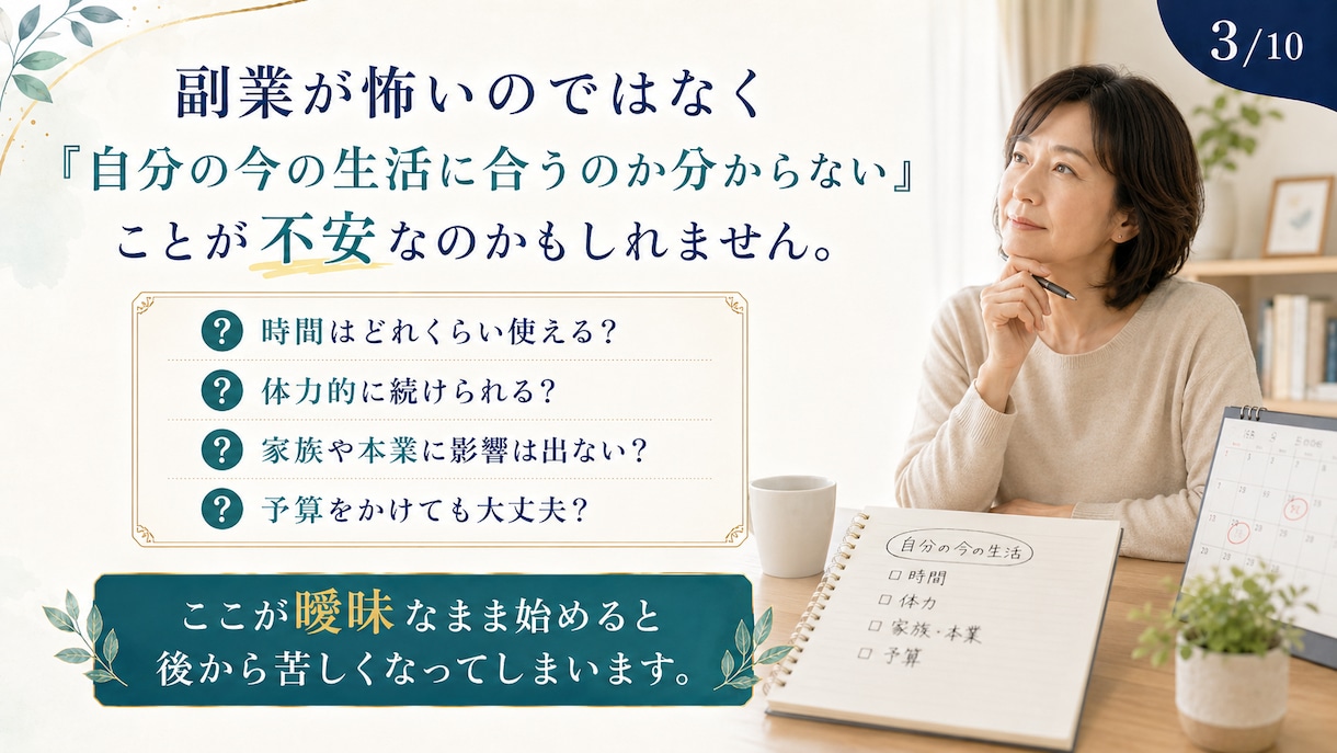 情報疲れの頭を整理し、あなただけの判断軸を作ります 副業が気になる50代へ。やる・やらない・保留を整理します。 イメージ3