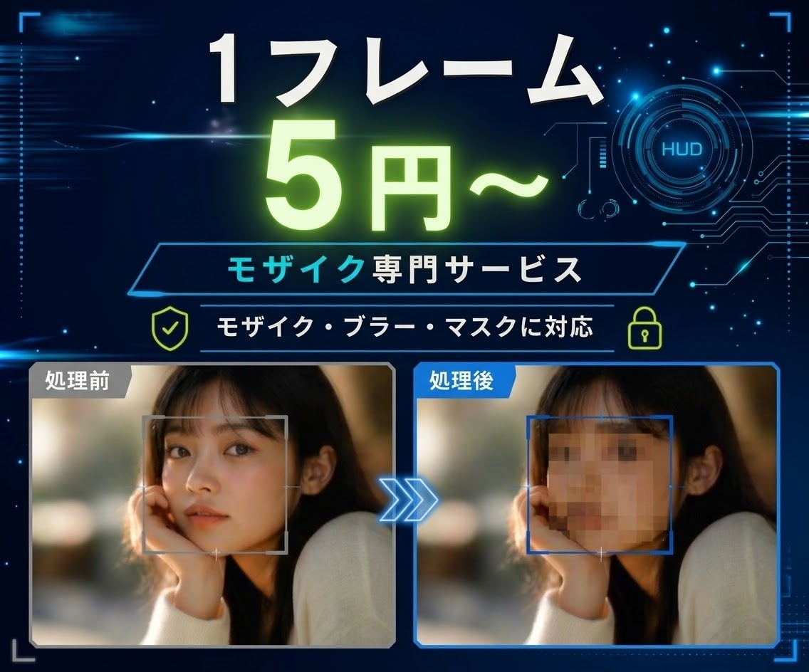 1フレームずつ丁寧にモザイクかけます モザイク、ブラー、マスクなど細かな手作業で加工します。 イメージ1