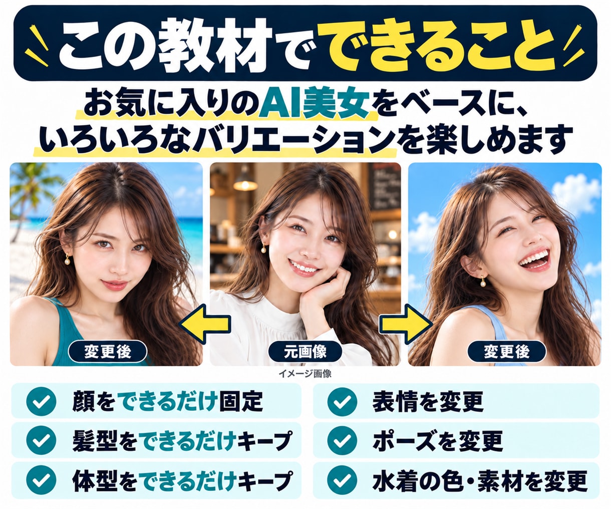 ChatGPTで同じAI美女を固定して作れます 初心者でも簡単。顔や身体は固定、ポーズ・水着も自由に変更 イメージ5