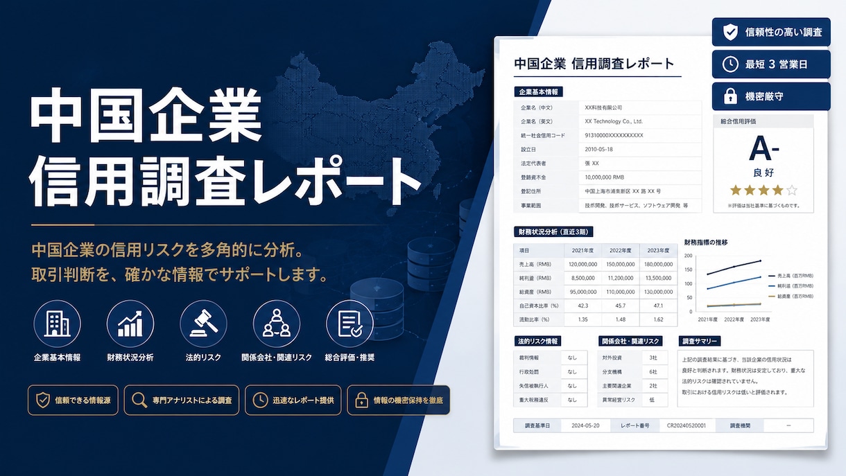 中国企業の信用調査、登記等リサーチレポート作ります 中国企業の信用調査・登記情報をリサーチしレポートを納品します イメージ1