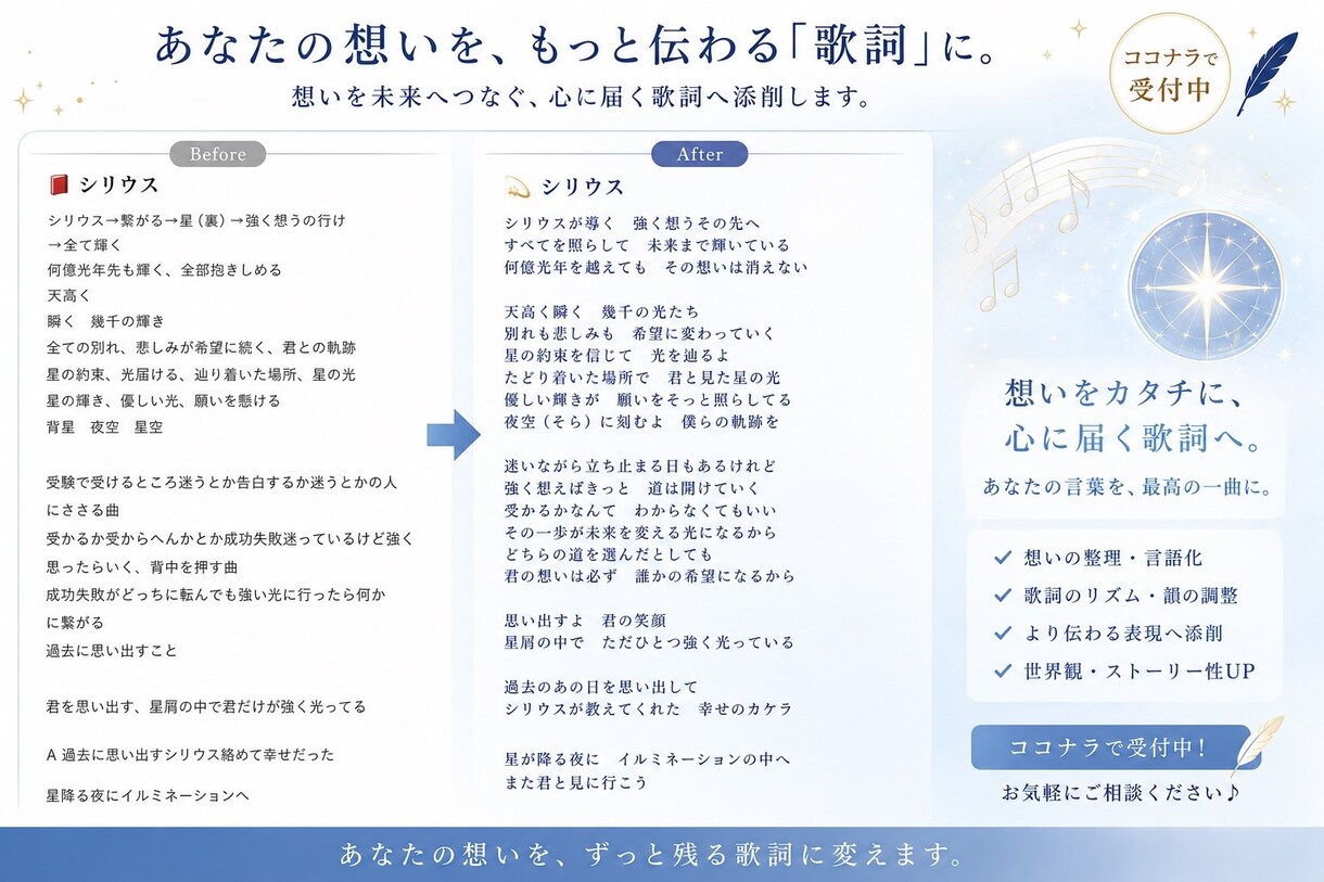 伝えたいその人の心を震わせる歌詞を制作します あなたのその想いがそのまま歌詞に。 イメージ3