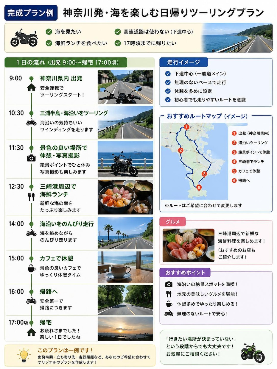 初心者向けバイクツーリングプランを作ります 希望に合わせて無理のないコースを作成 イメージ4