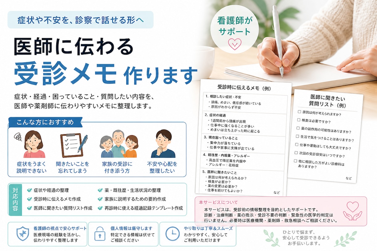 現役看護師が医師に伝わる受診メモ作ります 症状や不安を、診察で話せる形へ イメージ1