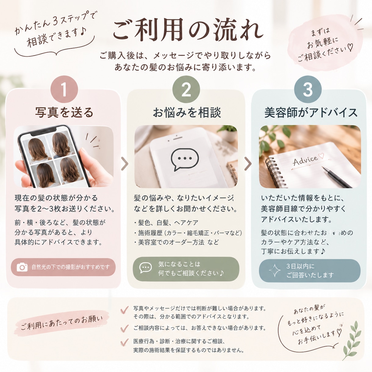 現役美容師が髪のお悩みを写真でアドバイスします 美容室では聞きにくい髪の悩みも気軽に相談♪ イメージ3
