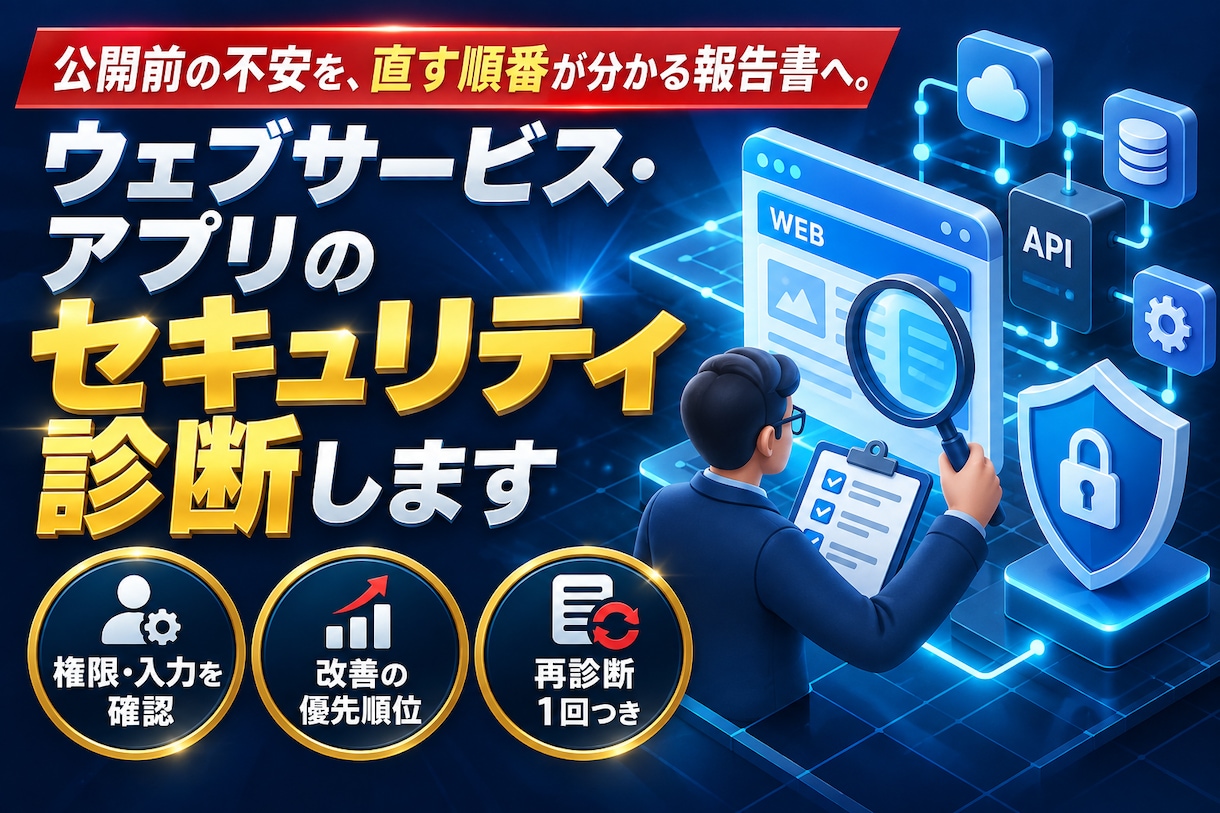 ウェブサービス・アプリのセキュリティ診断します 公開前と後の不安をなくし直す順番が分かる報告書へ イメージ1