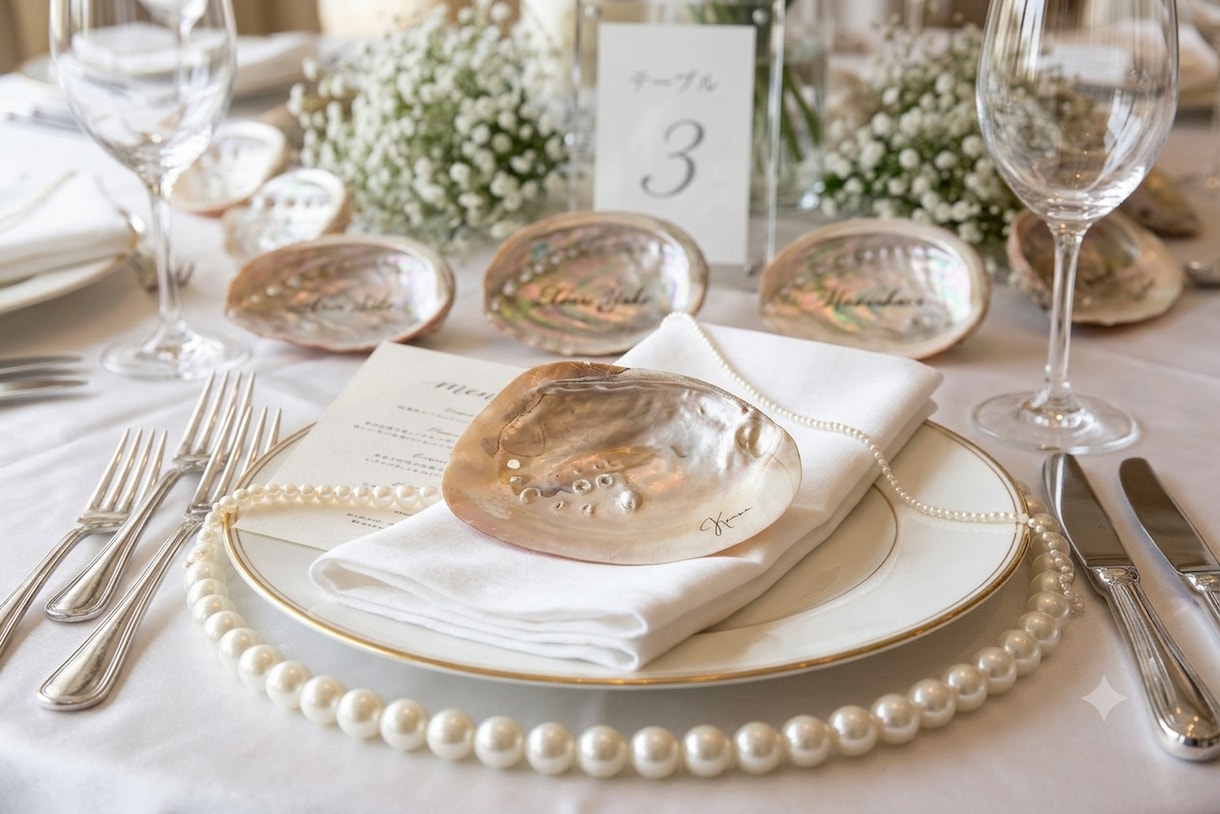 パールシェル席札・結婚式トレイ・名入れします 挙式後はアクセサリートレイに！ゲストに喜ばれる特別な席札 イメージ1