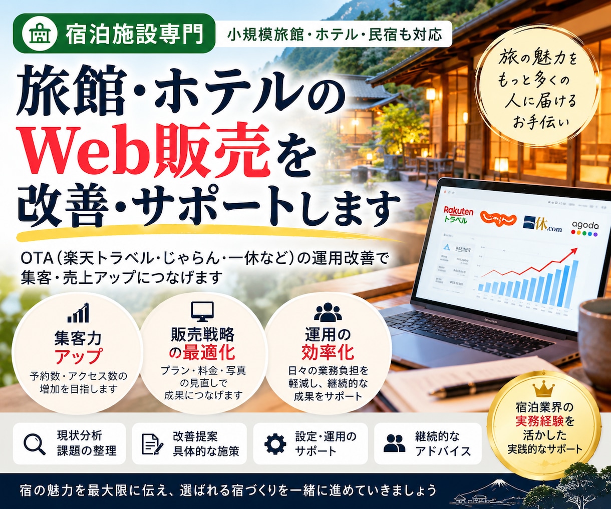 旅館・ホテルのOTA集客のお悩みを解決します 元OTA営業が予約・売上改善のための具体策をご提案 イメージ1