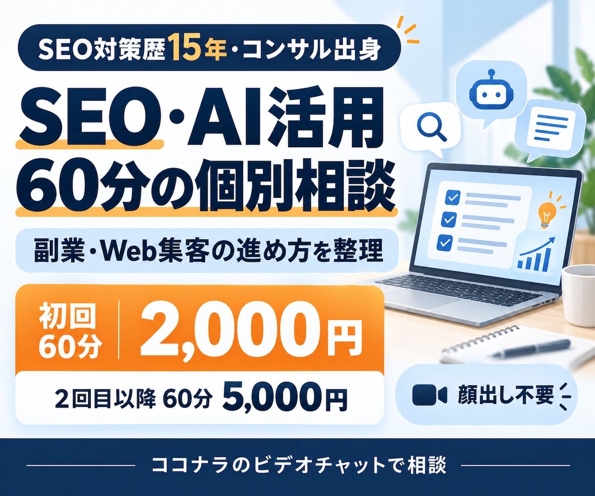 SEO・AI活用の悩みを60分で整理します SEO歴15年｜初回60分2,000円・顔出し不要 イメージ1