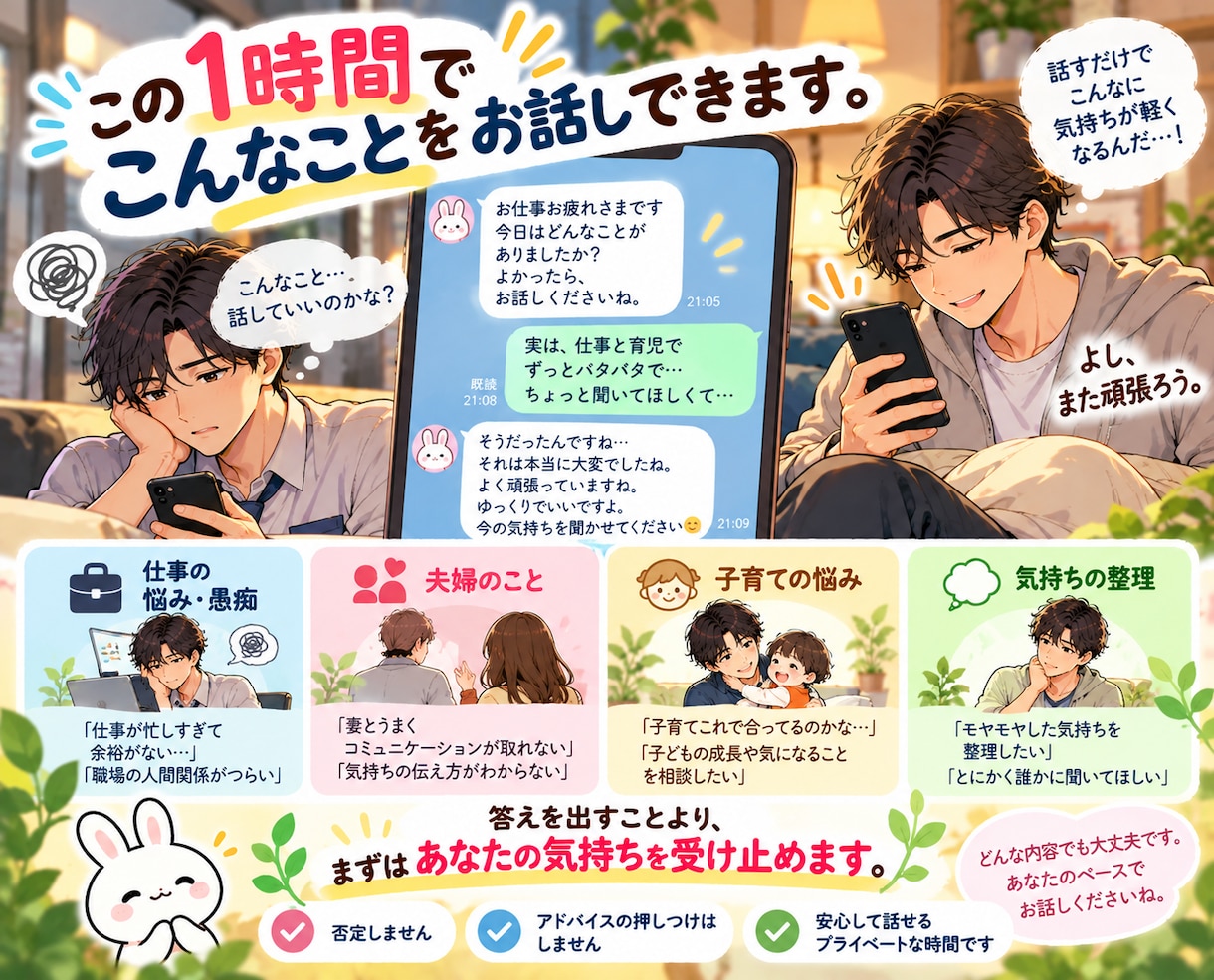 頑張るパパの気持ちを1時間チャットでお聴きします 愚痴／仕事／夫婦／育児♡まとまってなくてもOK イメージ5