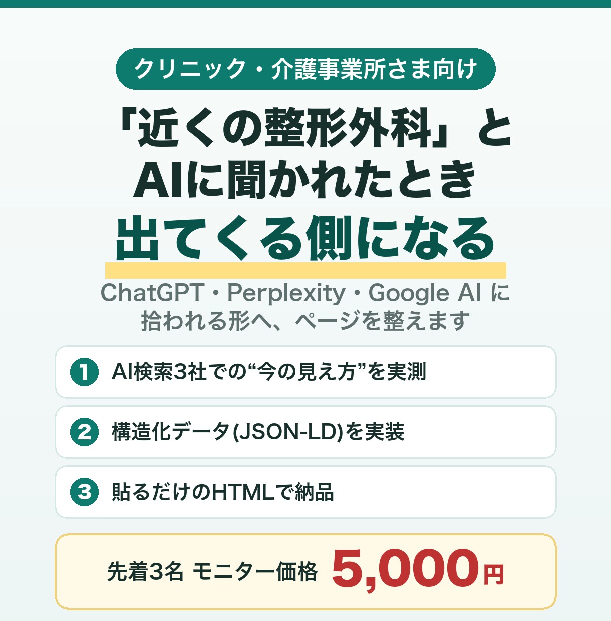 AIO対策｜医療介護HPをAI検索対応に整えます 先着3名｜実測レポート＋貼るだけJSON-LDを納品 イメージ1