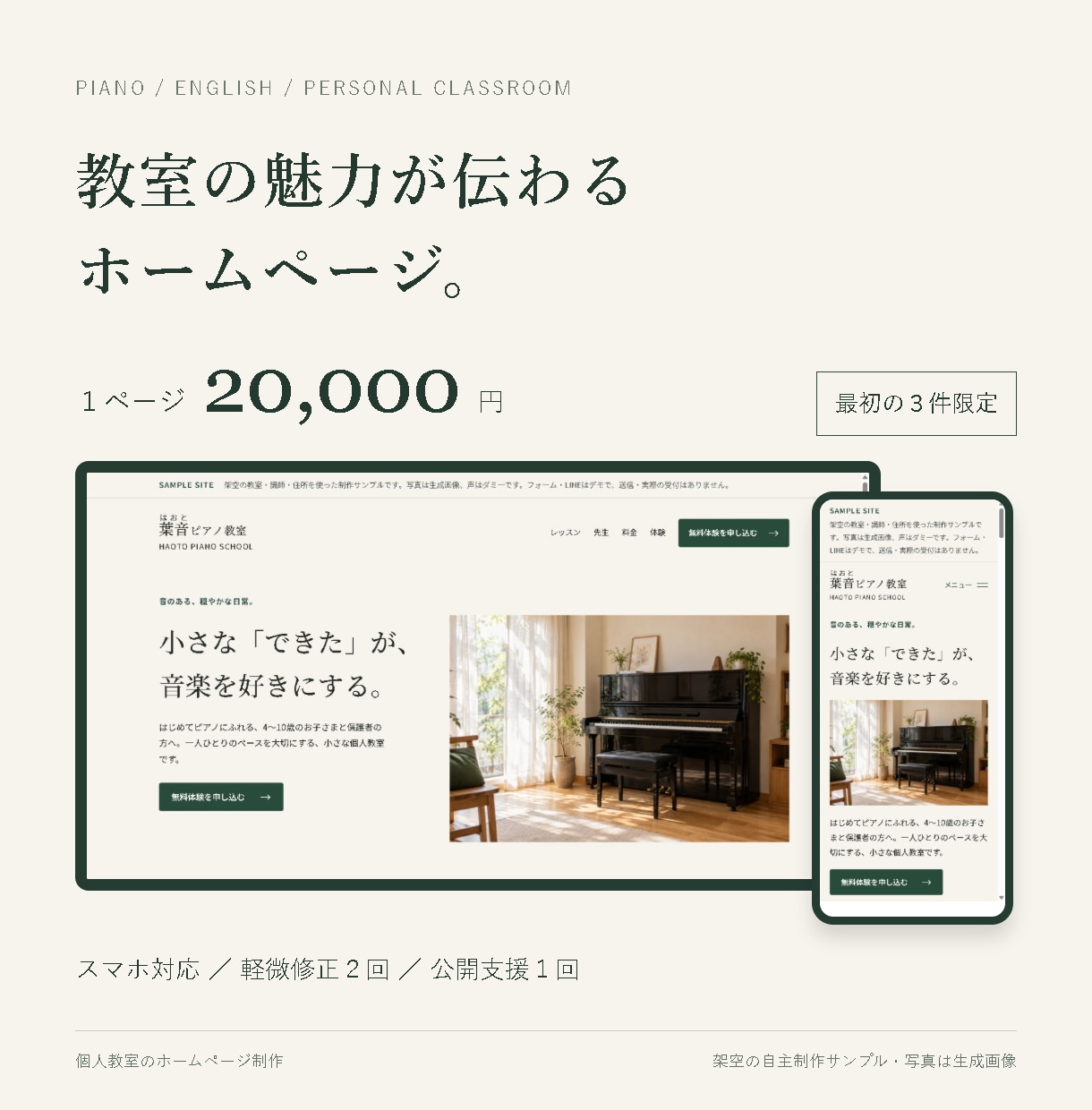 個人教室の魅力が伝わるホームページを制作します 料金・先生・体験案内を、スマホでも見やすい１ページに イメージ1