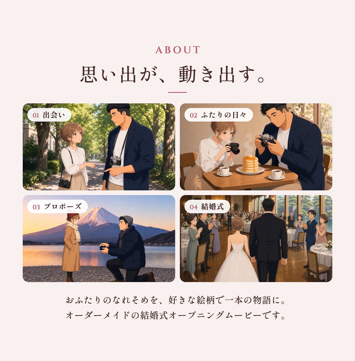 結婚式オープニングムービーをアニメで作ります ふたりのなれそめを、写真に残っていない場面まで イメージ2