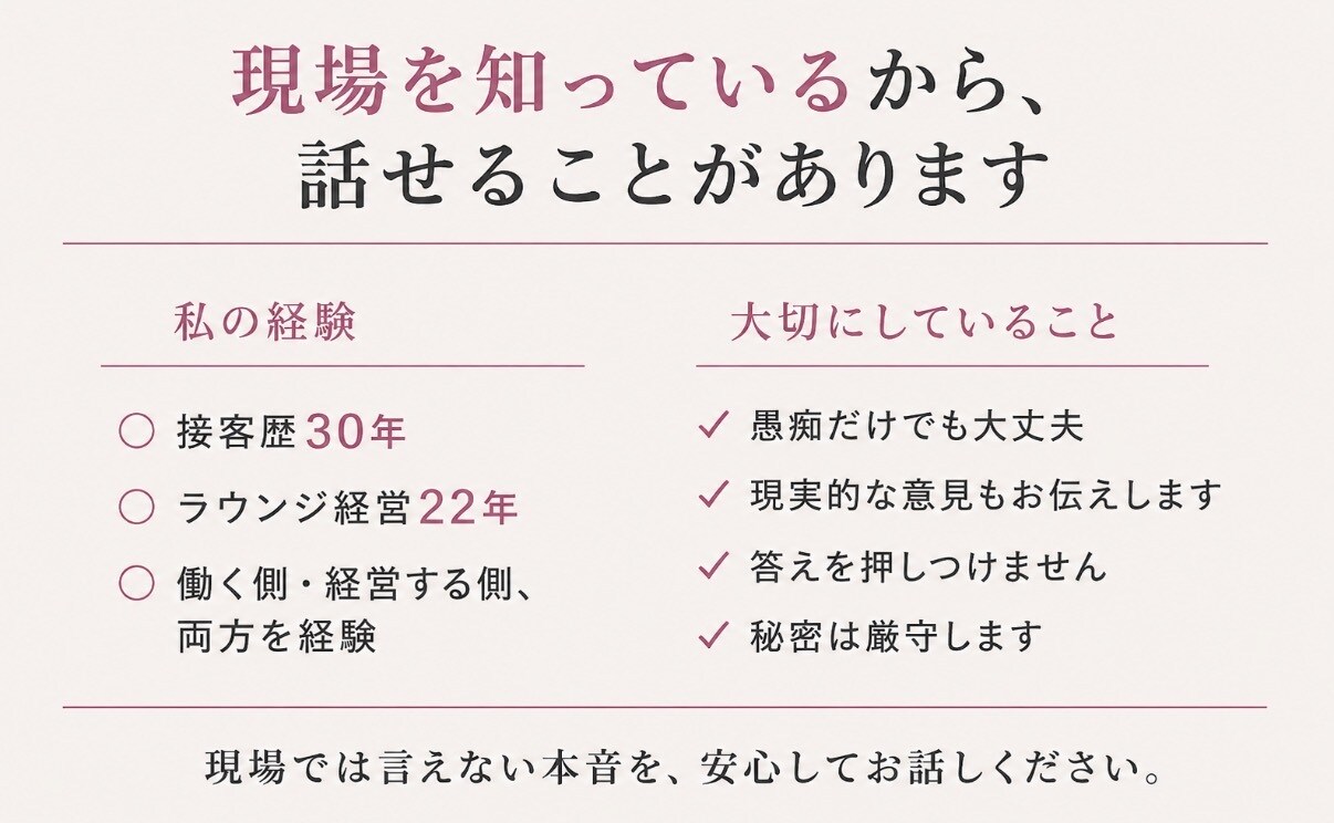 夜職・接客業の誰にも言えない悩みをお聴きします 接客30年ラウンジ経営22年 お客様,スタッフ,売上の悩み等 イメージ3
