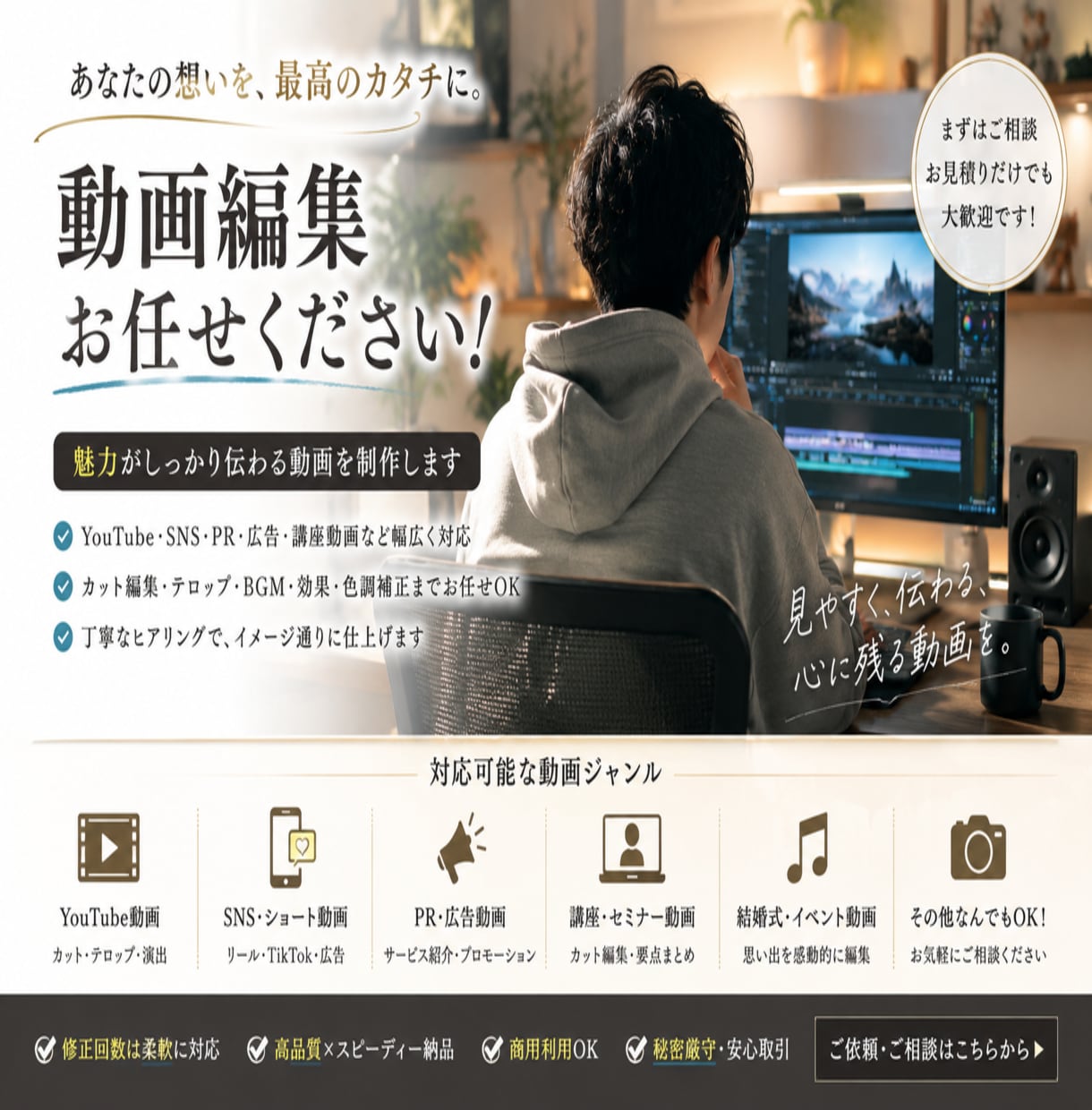 作成した動画を最後まで見てもらえる動画へ編集します 目的に合わせた動画編集を丁寧に行います。 イメージ1