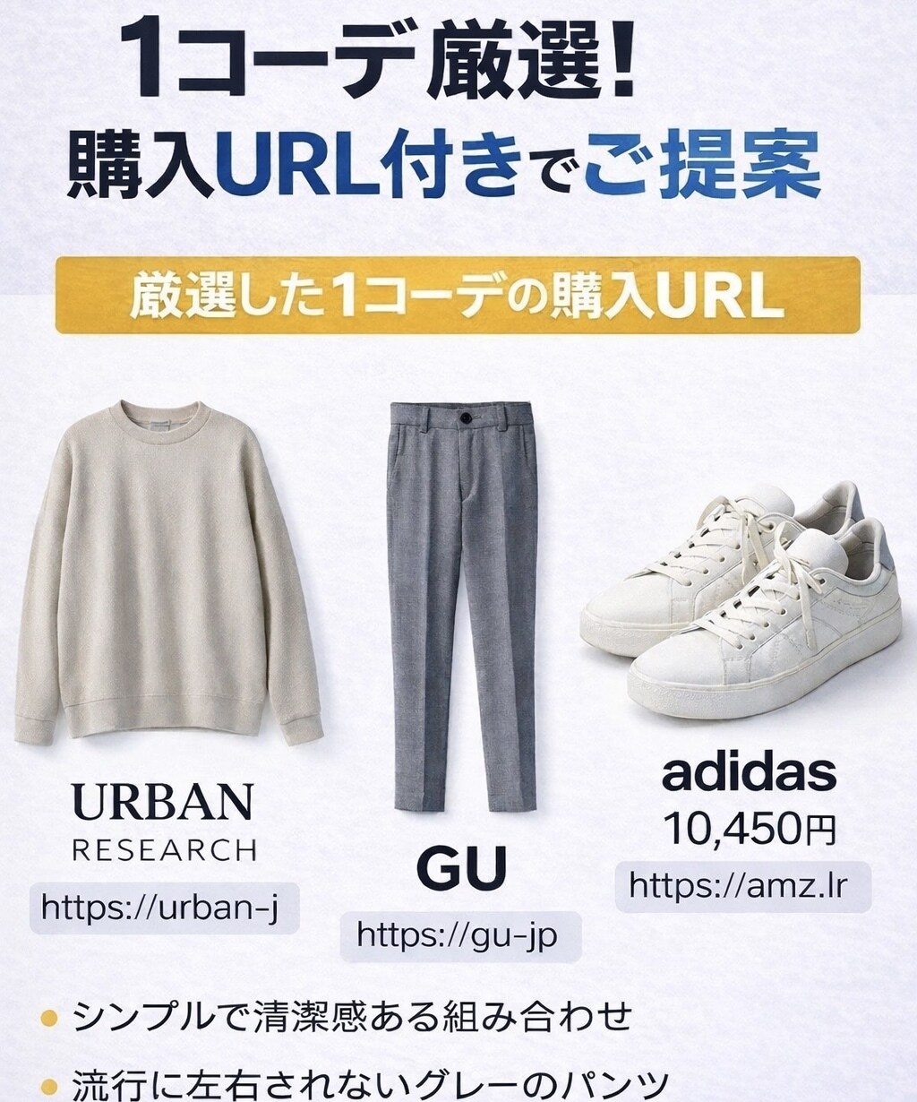 メンズ限定｜買う服を24時間以内に確定します デート・飲み会・面接で外さない服をURL付きでご提案 イメージ4