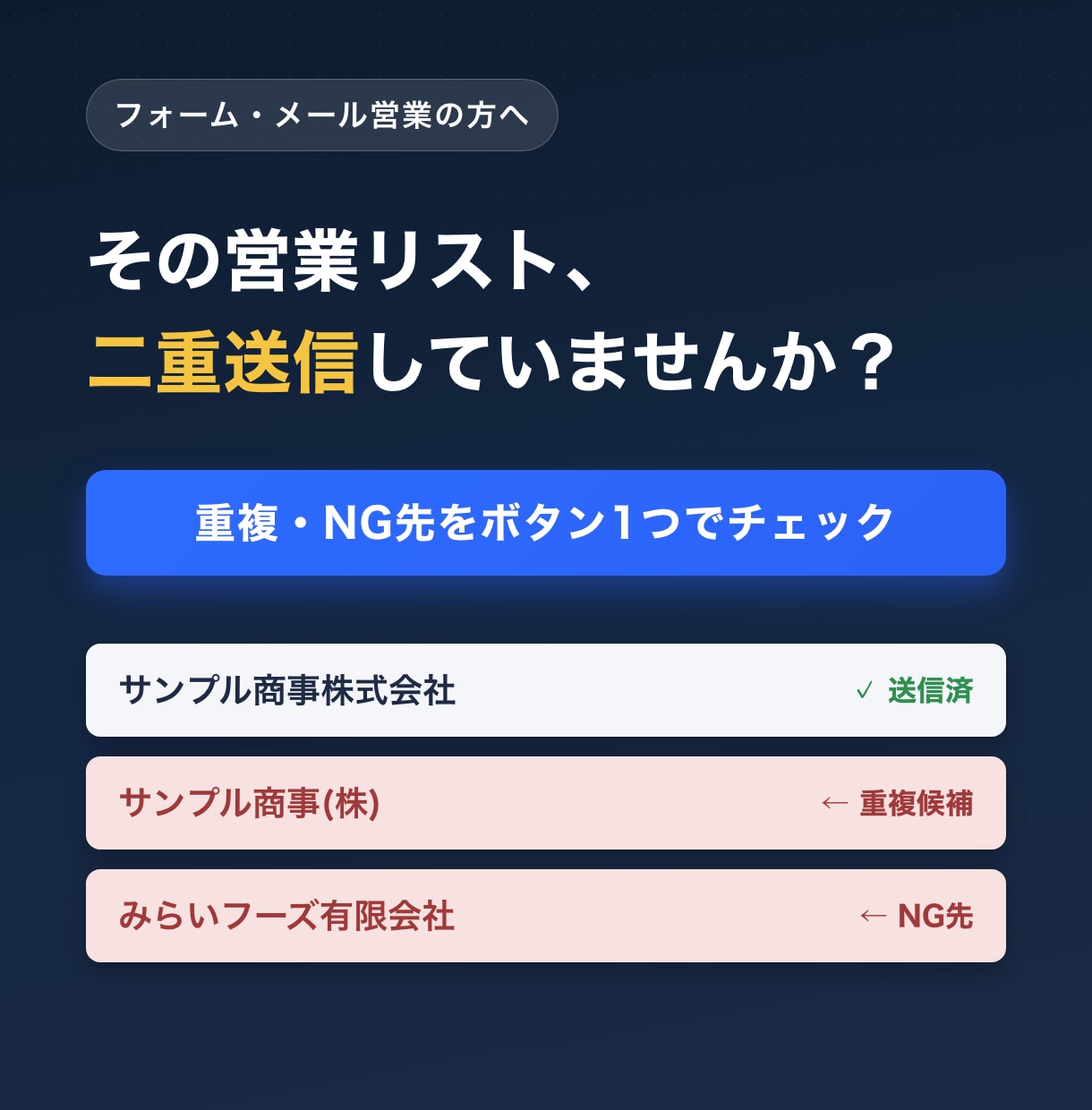 営業リストの重複・送信管理をスプシで自動化します 送信済み・重複・NG先を自動判定。追客の手作業をゼロに イメージ1