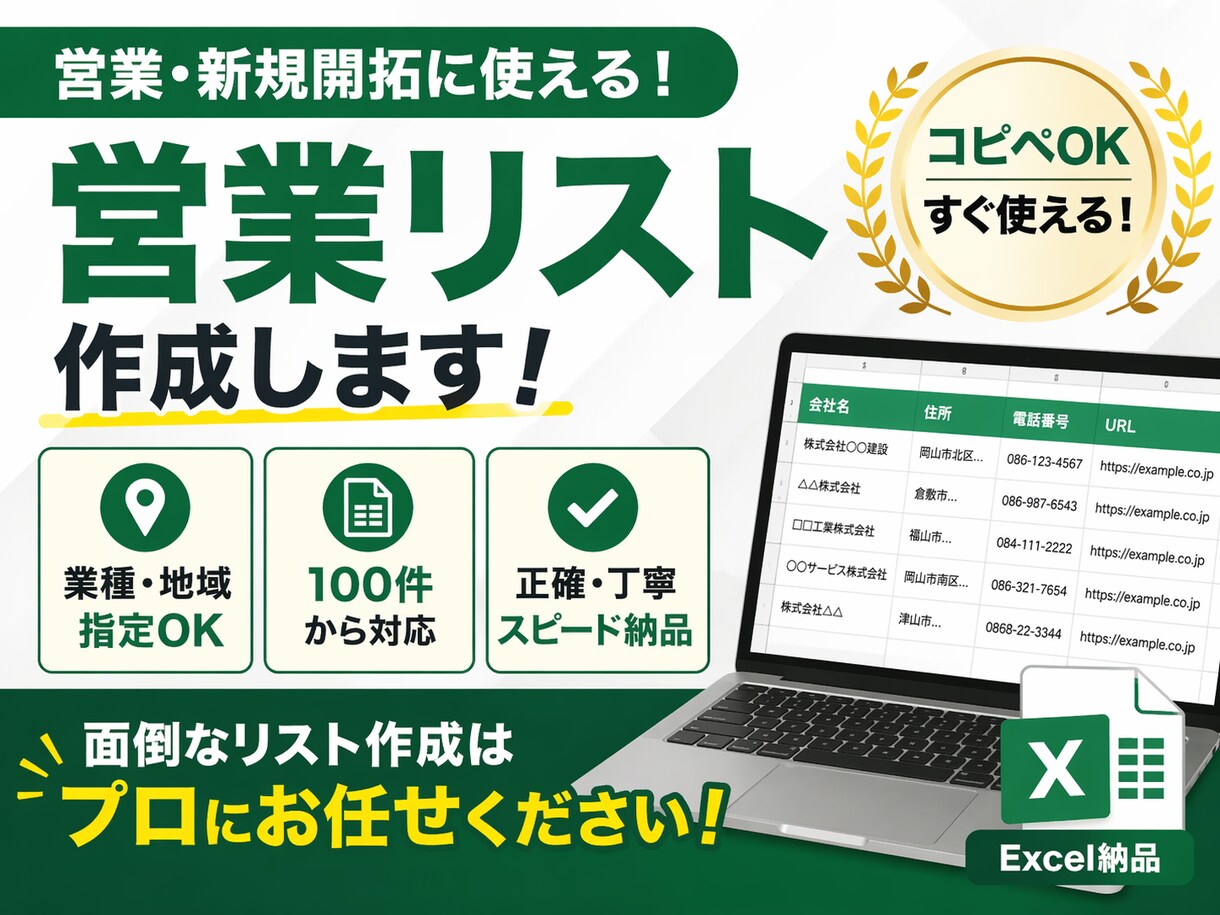 営業リスト（業種・地域指定）を50件作成します 営業に使える精度重視のリスト作成 イメージ1