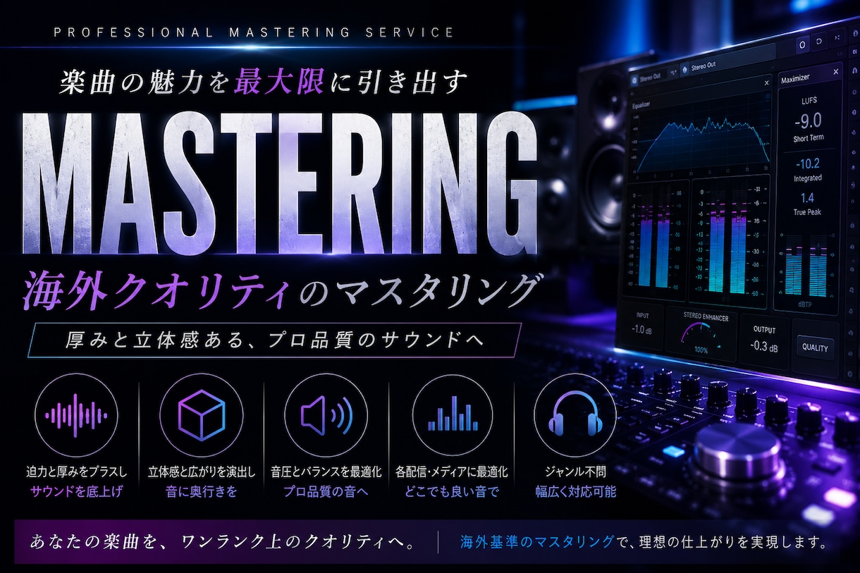海外クオリティな迫力と厚みでマスタリングします 厚みと立体感ある海外クオリティなサウンドへ仕上げます イメージ1
