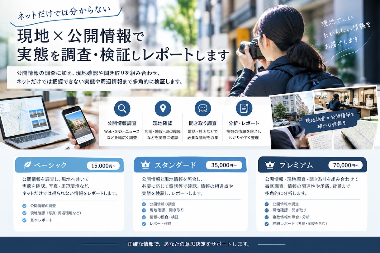 ネットだけでは分からない情報を調査しレポートします 現地×公開情報調査。ネットだけでは得られない情報をレポート。 イメージ1