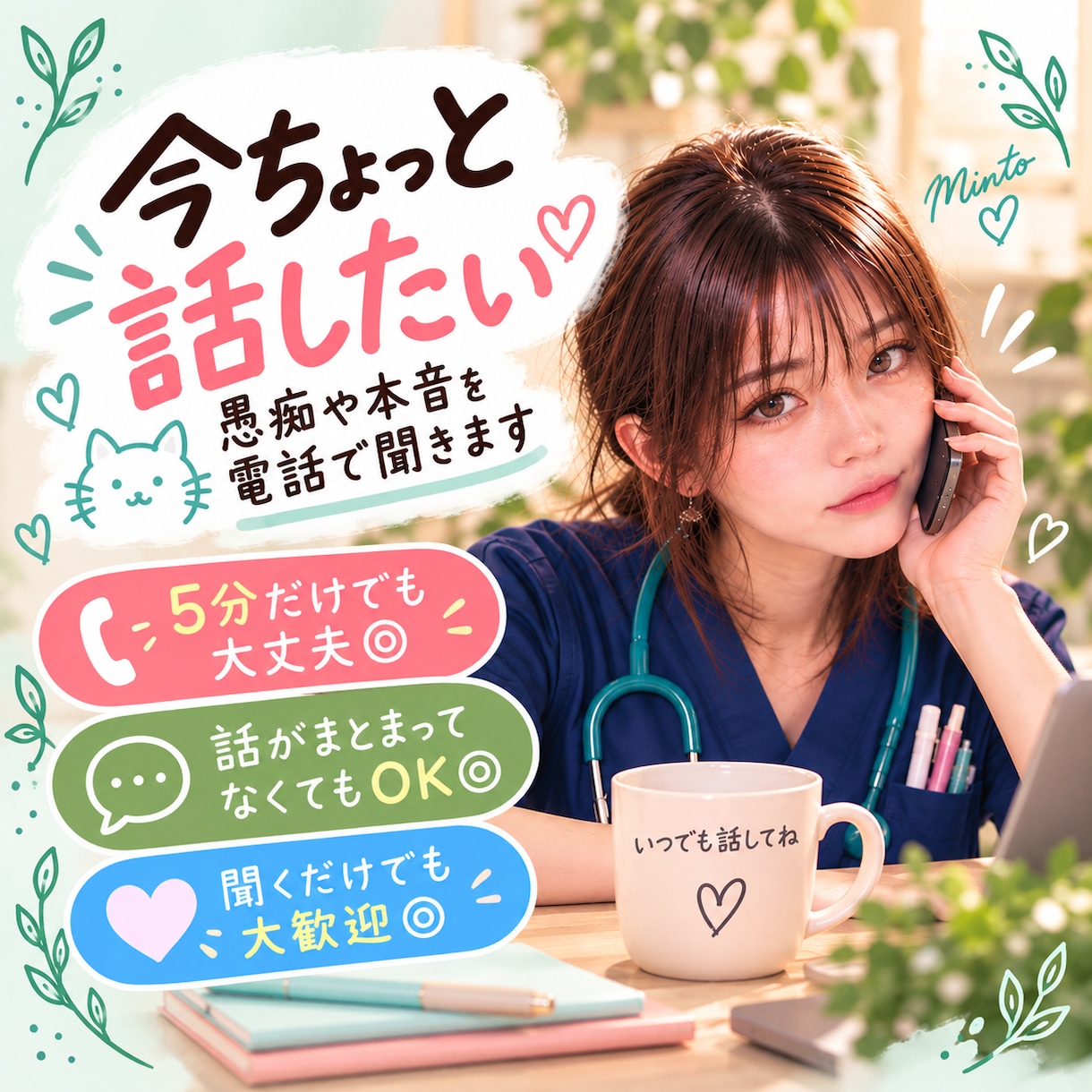 今ちょっと話したい◎愚痴や本音を電話で聞きます 5分だけでも大丈夫◎話がまとまってなくてもOK イメージ1