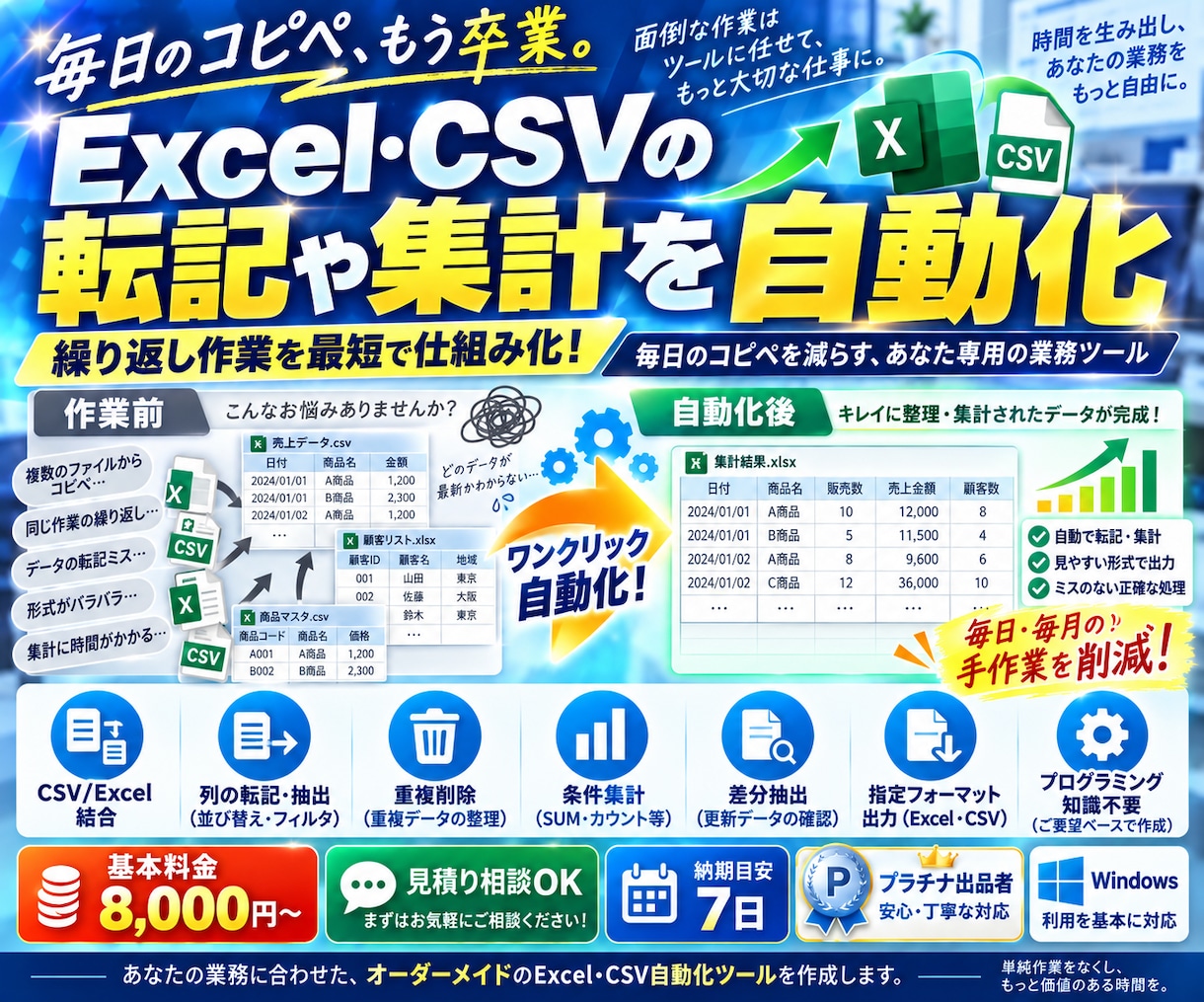 Excel・CSVの転記や集計を自動化します 毎日のコピペを減らす、あなた専用の業務ツール イメージ1
