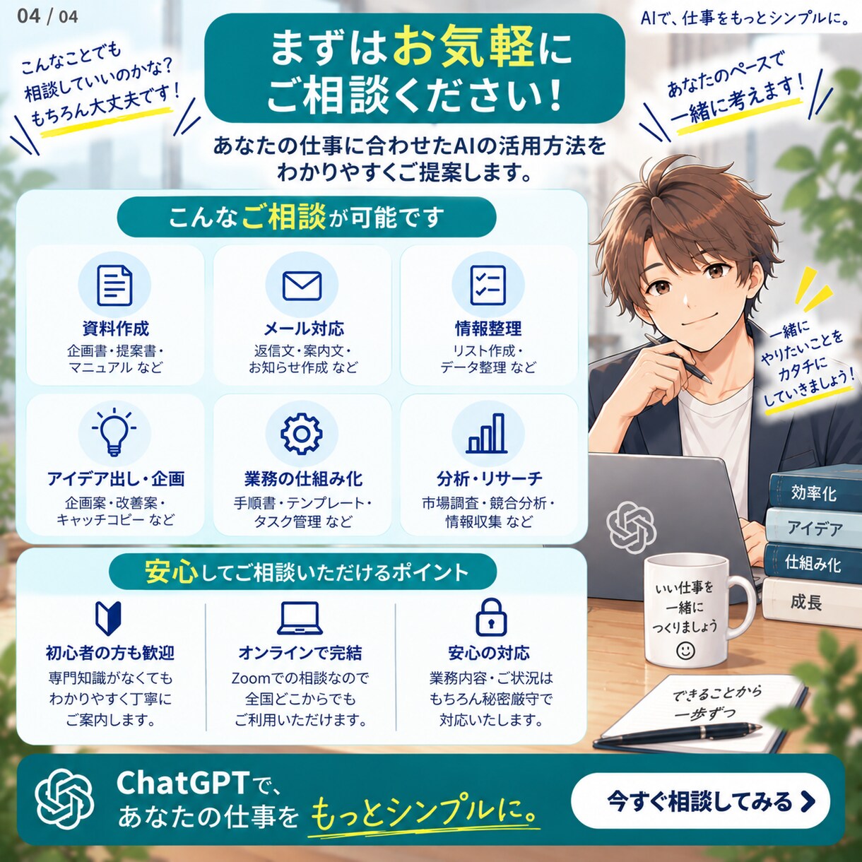 ChatGPTで仕事の効率化を一緒に考えますます あなたの業務を整理してAIで楽にできる作業を探します イメージ4