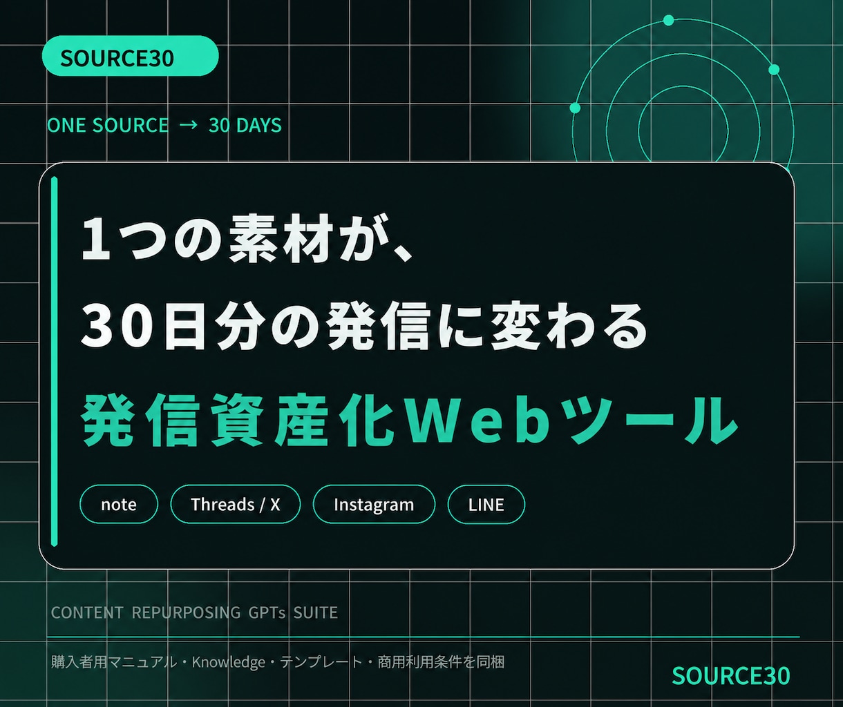 素材を30日分に変えるWebツールを提供します 外部AI,APIｷ-不要。専用note,SNS,LINE作成 イメージ1