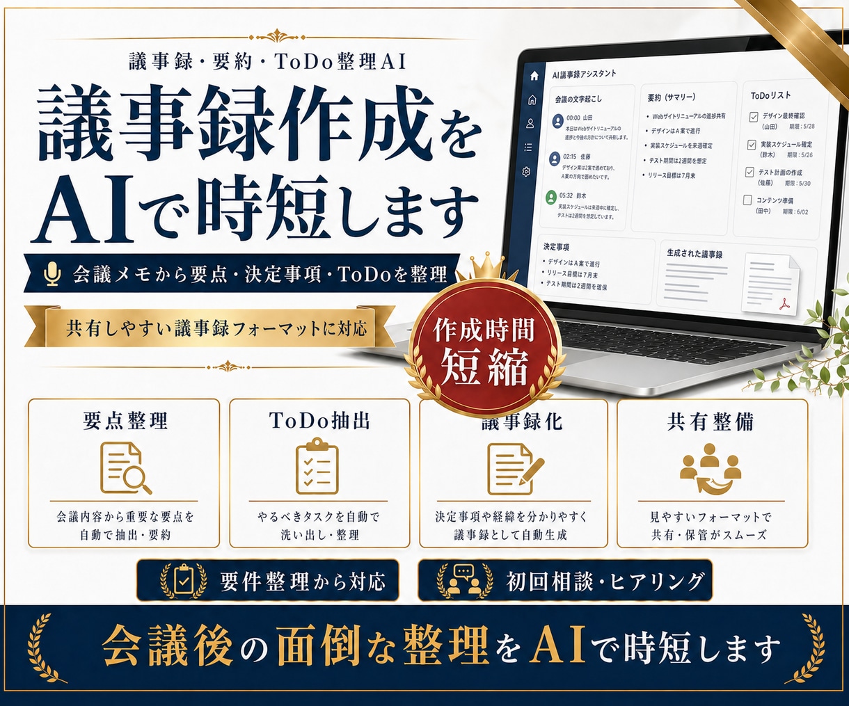 議事録・要約をAIで時短します 会議メモから要点とToDoを整理します イメージ1
