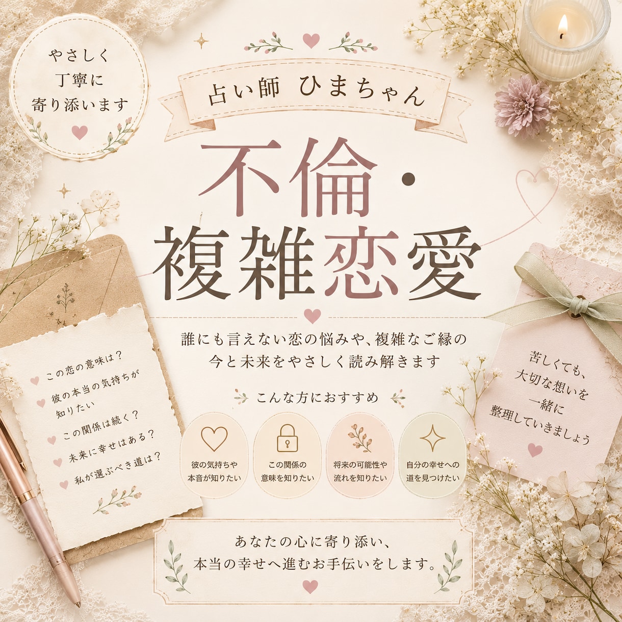 不倫・複雑恋愛のお相手の気持ちを読み解きます お相手の本音と恋の流れを丁寧に読み解きます イメージ1