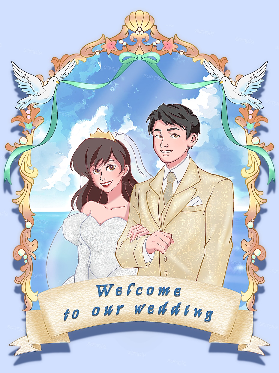 結婚式のウェルカムボード用イラストを描きます 海外アニメ風プリンセスイラストで結婚式の思い出作りのお手伝い イメージ3