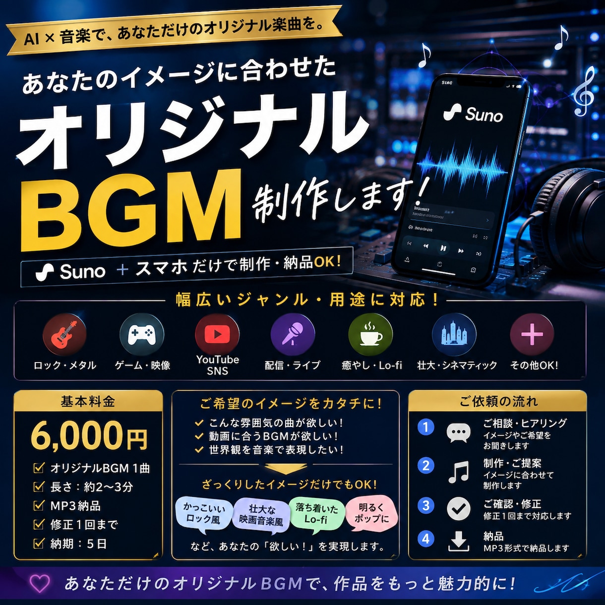 イメージに合わせてたオリジナルBGMを制作します 「こんな雰囲気の曲が欲しい」をあなただけのオリジナルBGMに イメージ1