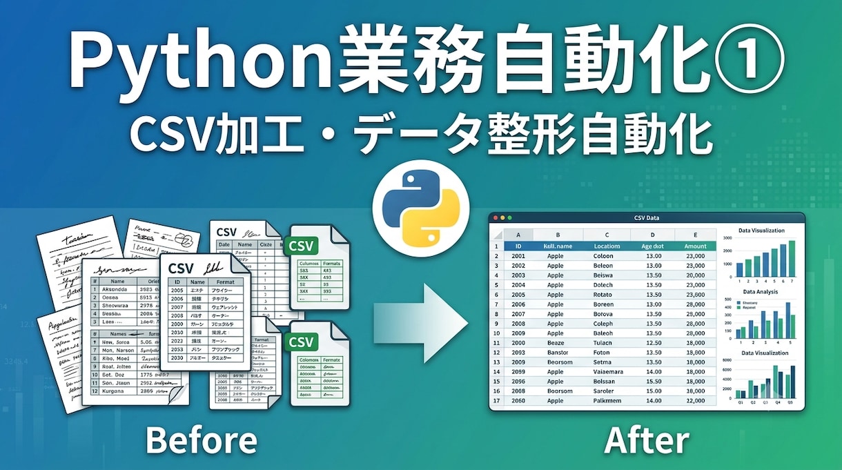 PythonでCSV加工・データ整形を自動化します 【業務自動化①】Python×VBA歴13年が爆速で解決 イメージ1
