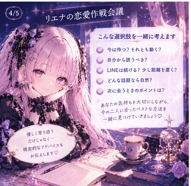 好きな人との距離を縮める恋愛作戦を一緒に考えます 今の二人に合った恋の進め方を一緒に考えます♡ イメージ4