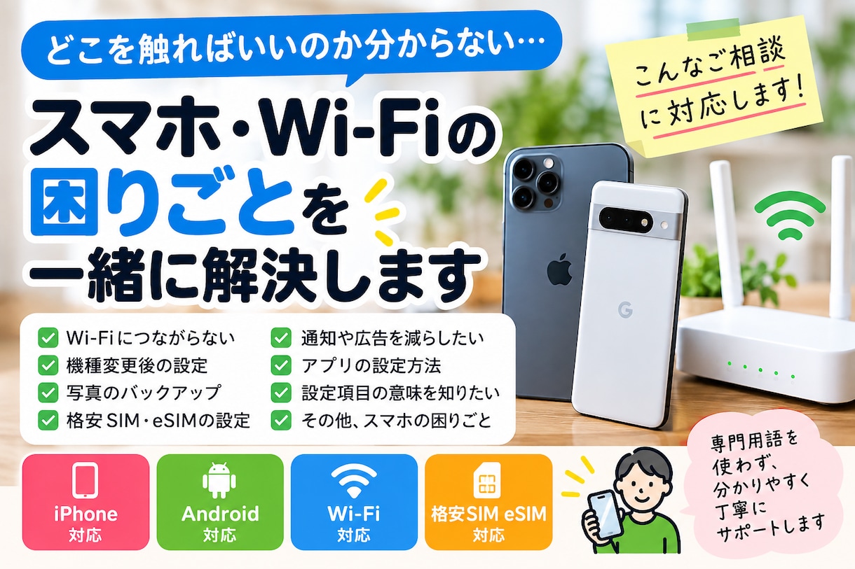 スマホ・Wi-Fiの困りごとを一緒に整理・解決ます スマホ、格安SIM・Wi-Fiの問題に対応します イメージ1