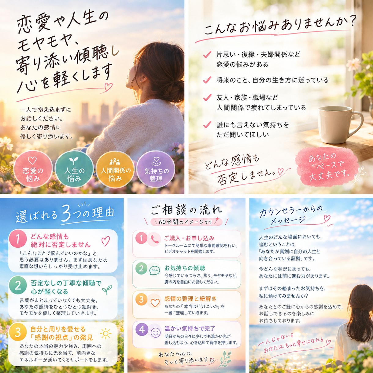 恋愛や人生のモヤモヤ、寄り添い傾聴し心を軽くします 一人で抱え込まずに。あなたの感情に優しく寄り添います。 イメージ1