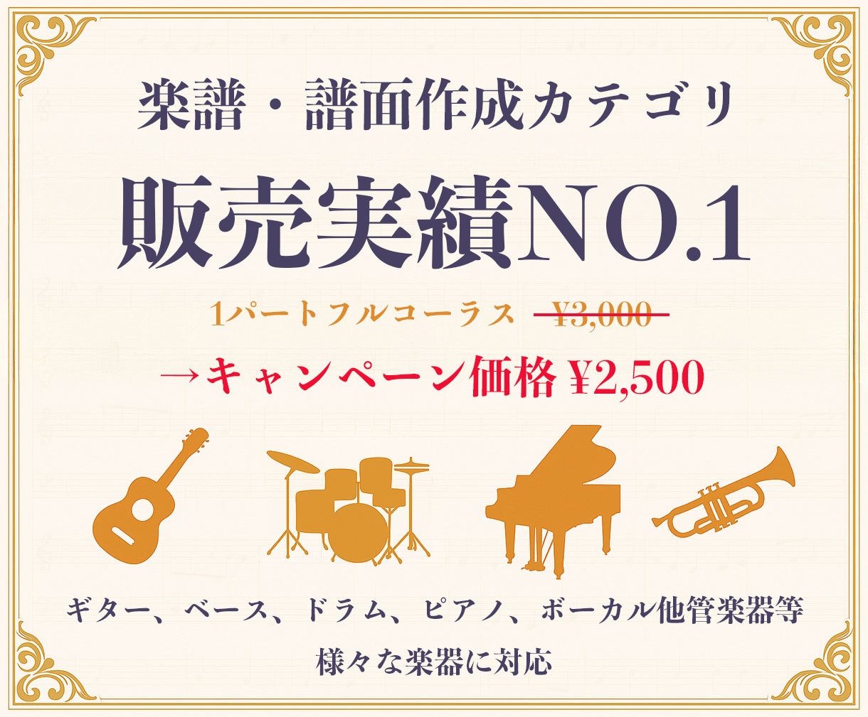 5周年キャンペーン実施中!(年末迄)耳コピします TAB譜、ドラム譜可♪ 1パートフルコーラス¥2,500 イメージ1