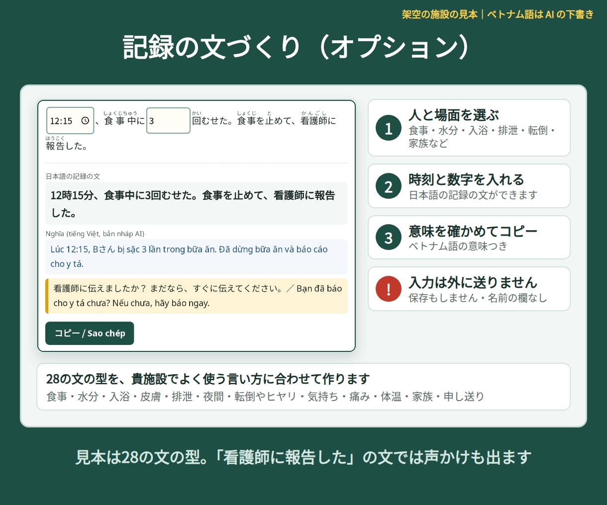 介護手順書をやさしい日本語＋ベトナム語にします ふりがな・記録の文づくり・クイズつき。ベトナムの介護職員に イメージ4