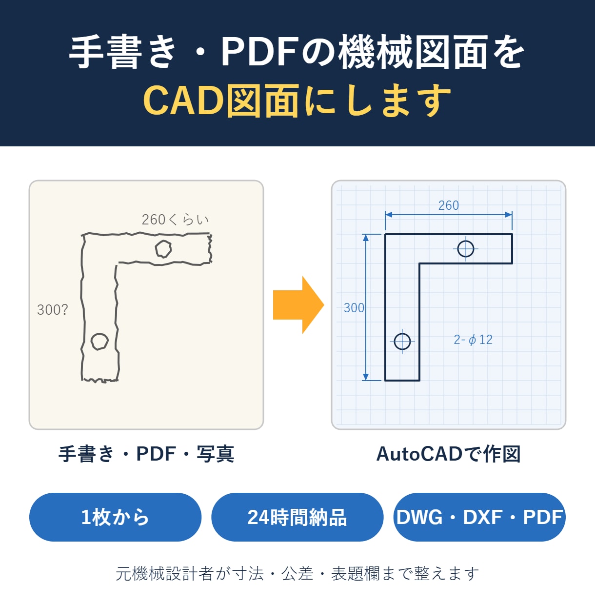 手書き・PDFの機械図面をCAD化します 1枚から24時間納品｜DWG・DXF・PDFでお渡し イメージ1