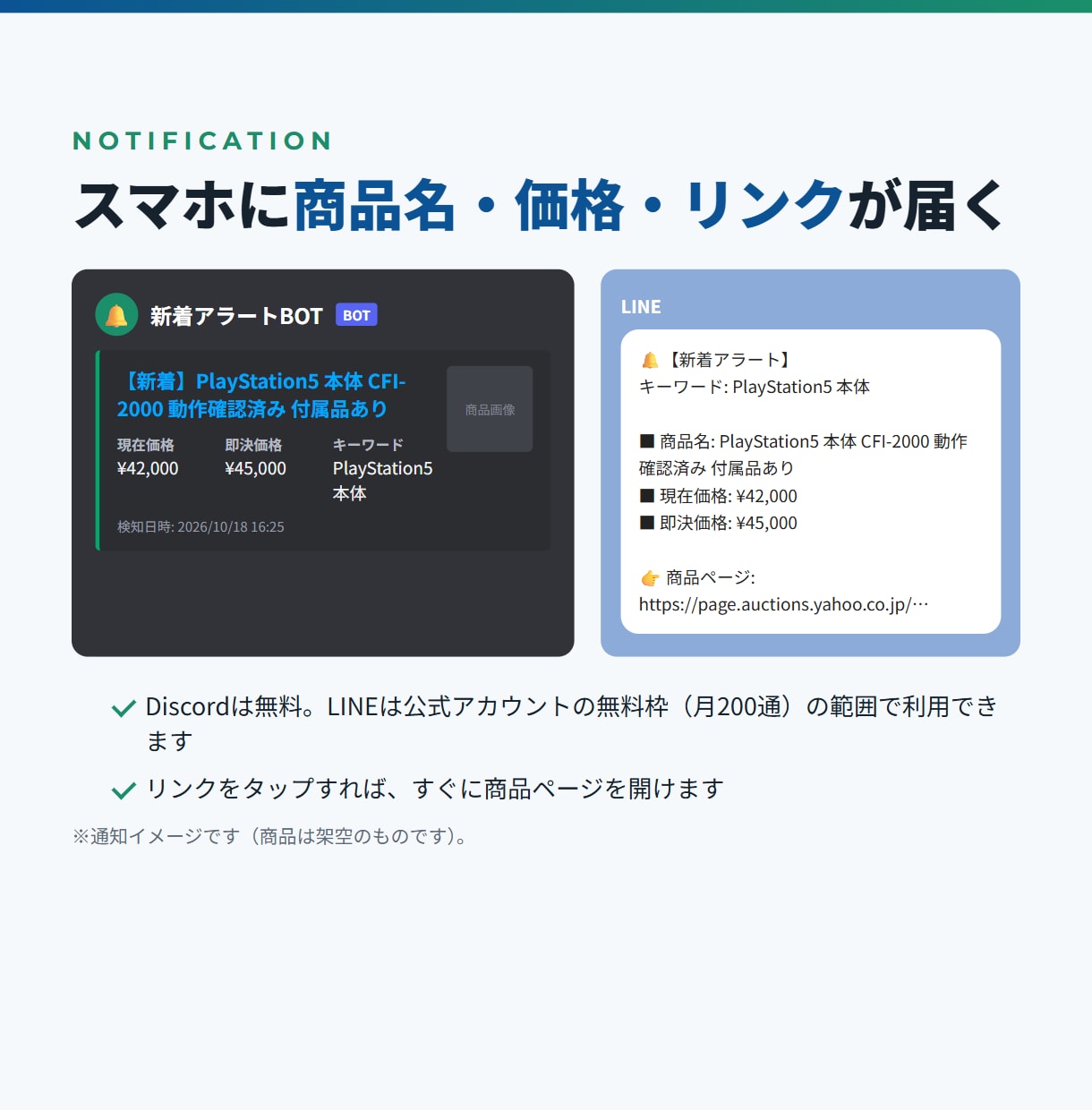 ヤフオクの新着を条件に合わせて通知します 価格帯や除外ワードで絞ってDiscord/LINEへ通知 イメージ3