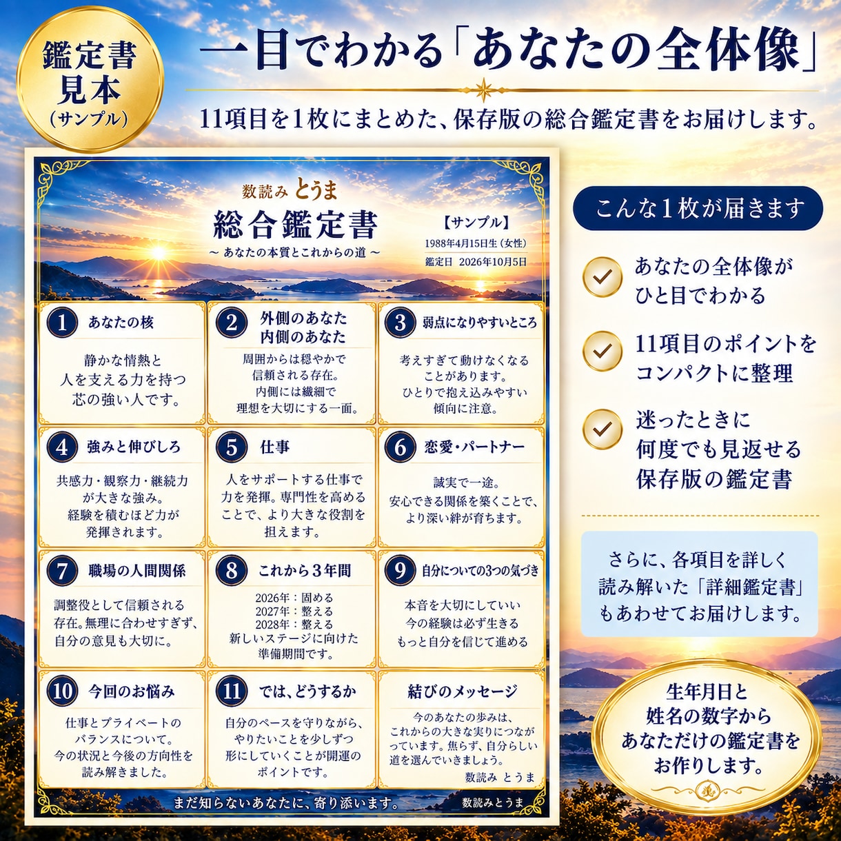 生年月日と姓名画数からあなたの本質を読み解きます 「当たってる」で終わらない総合鑑定をお届けします イメージ2