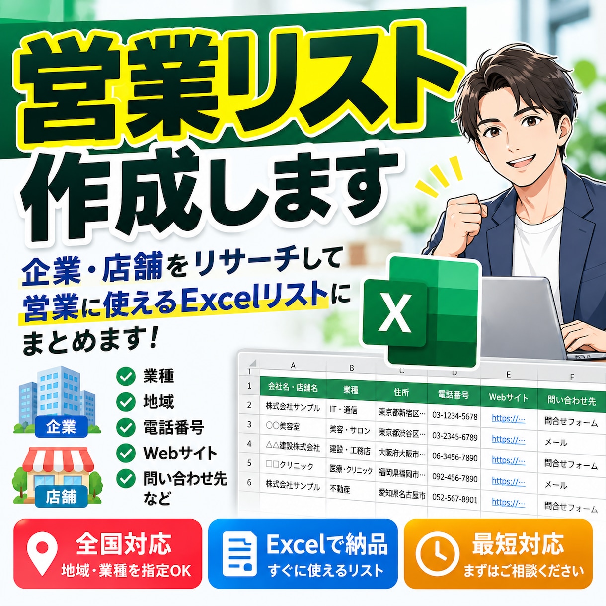 営業先をWebで調査して営業リストを作成します 企業・店舗をリサーチ！営業に使いやすいExcel一覧に整理！ イメージ1