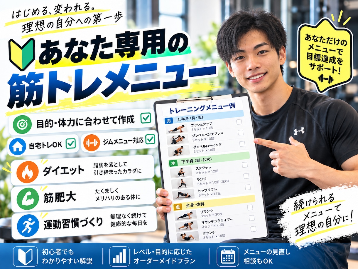 あなたに合った筋トレメニューを組みます 筋トレを始めたい方や初心者の方向けにメニューを作成します！ イメージ2