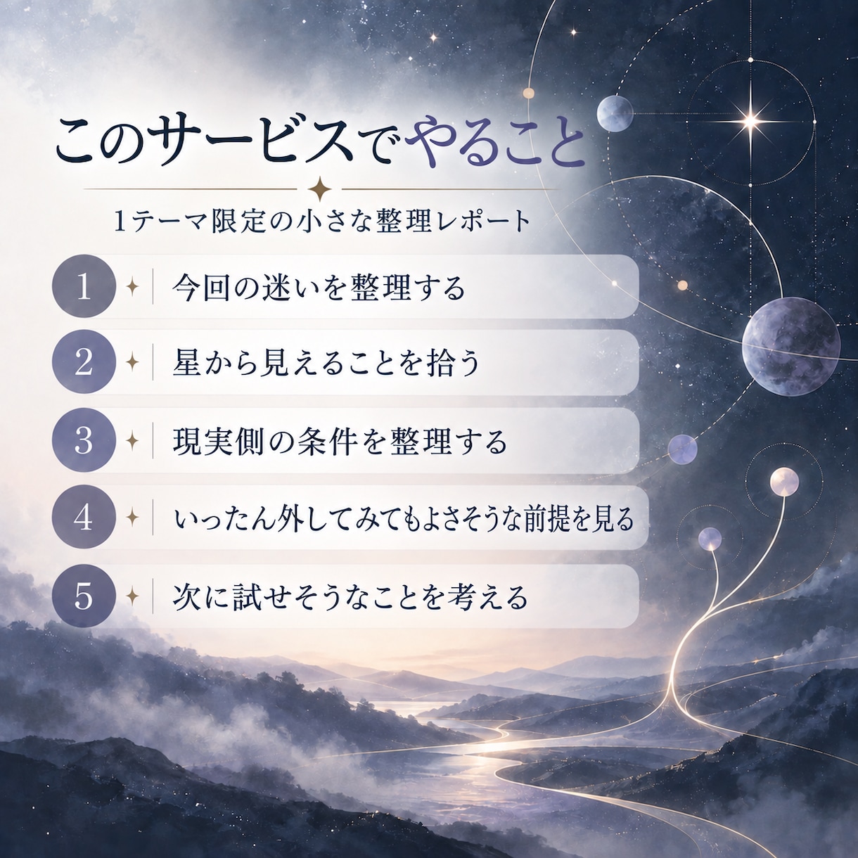 星を使って、今の迷いをひとつ整理します 答えを決めるのではなく、考える材料を整える星読みレポートです イメージ3