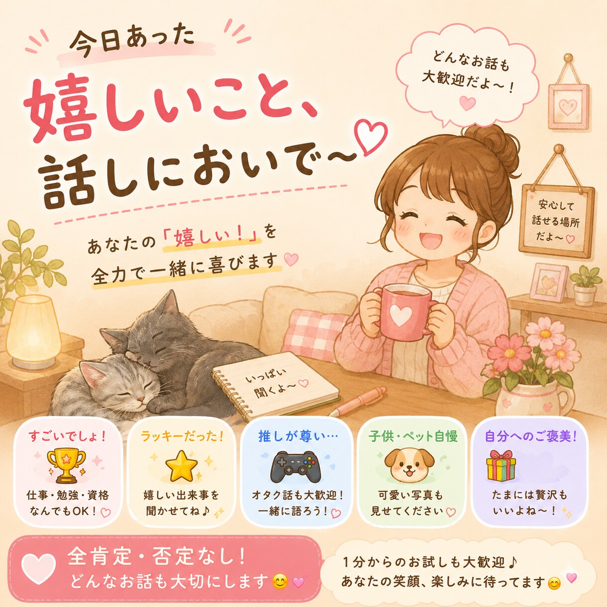 自慢・幸せ報告･今日あった事なんでも聴きます 『今日、こんな事あったよ！』って話しかけてくださいね！ イメージ1