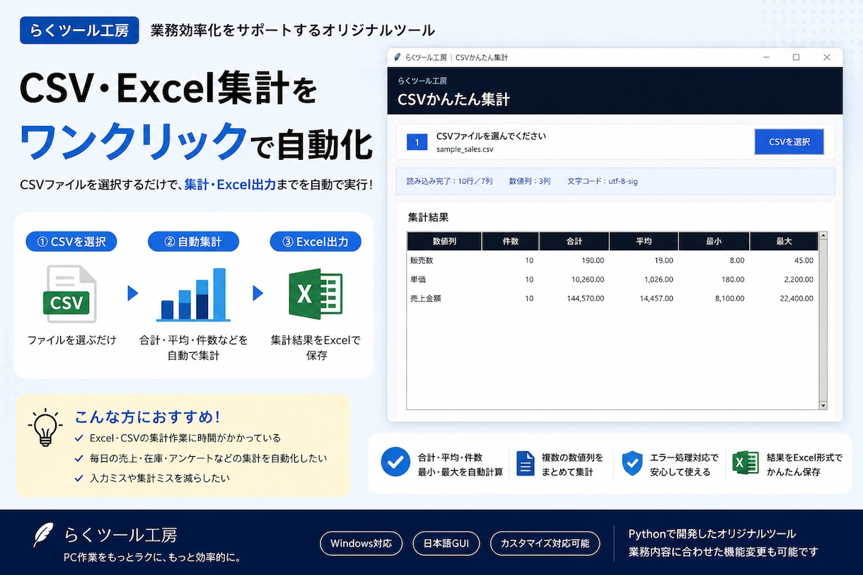 Excel・CSVの面倒な集計作業を自動化します 毎日の集計・転記作業を効率化します イメージ1