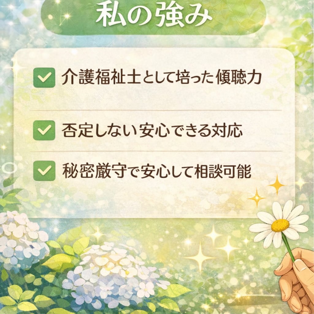 心の悩みいつでも受けとめます 介護福祉士が否定せず寄り添いながらお話を伺います。 イメージ2