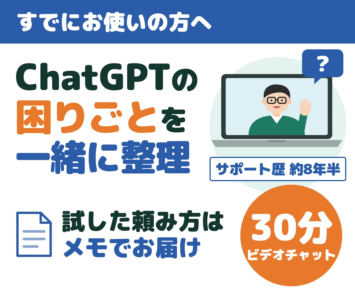 ChatGPTの困りごとを30分一緒に整理します その場で一緒に試し、頼み方と調べた結果は後日メモでお届け イメージ1