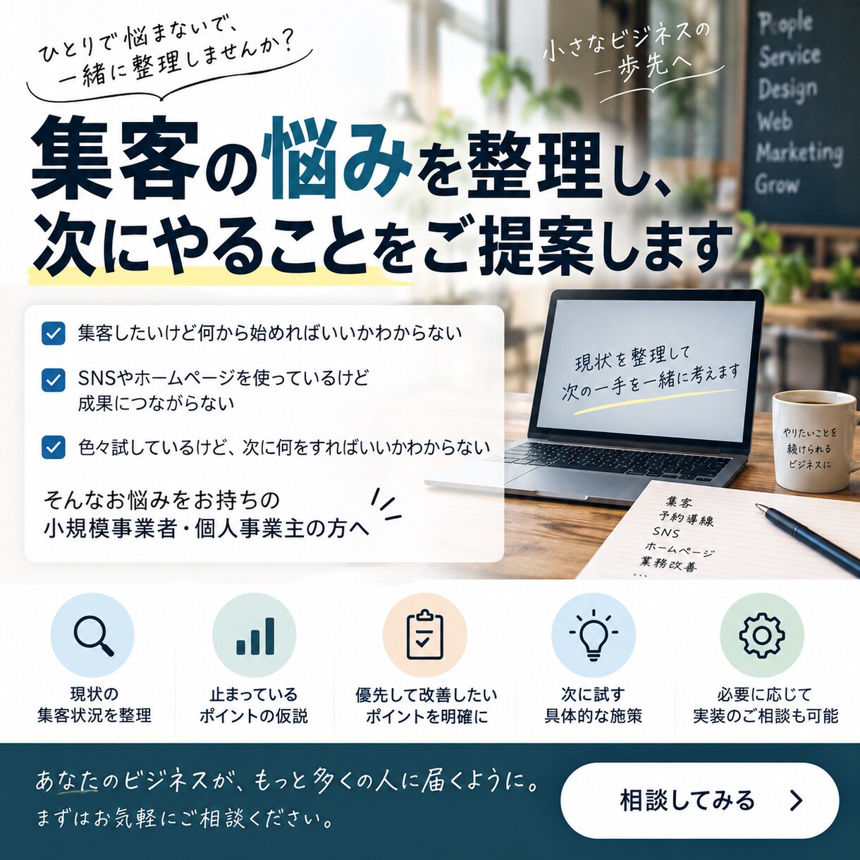 集客がうまくいかない原因を整理し改善策を提案します 現状を整理して、優先順位と「次に何を試すか」まで具体化します イメージ1
