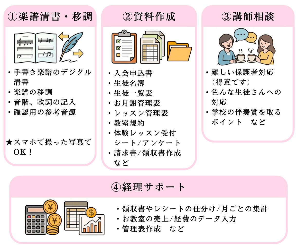 PC苦手な先生へ◆ピアノ教室専門◆事務を代行します 楽譜・資料作成・相談・経理・デザイン・動画、お好きに選択！ イメージ7